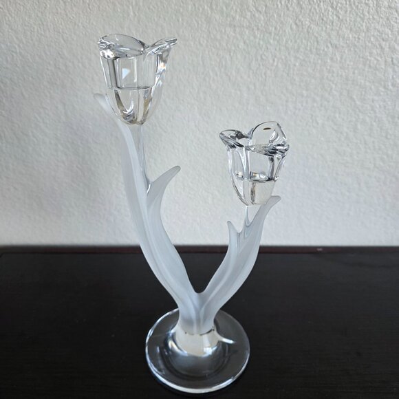 2 Mikasa Spring Aria 10" Tall Double Tulip Candle Holders Clear & Frosted Glass - Picture 6 of 11